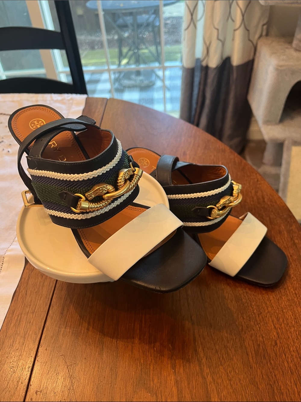Tory Burch Navy, White & Gold Chain Slide Mules